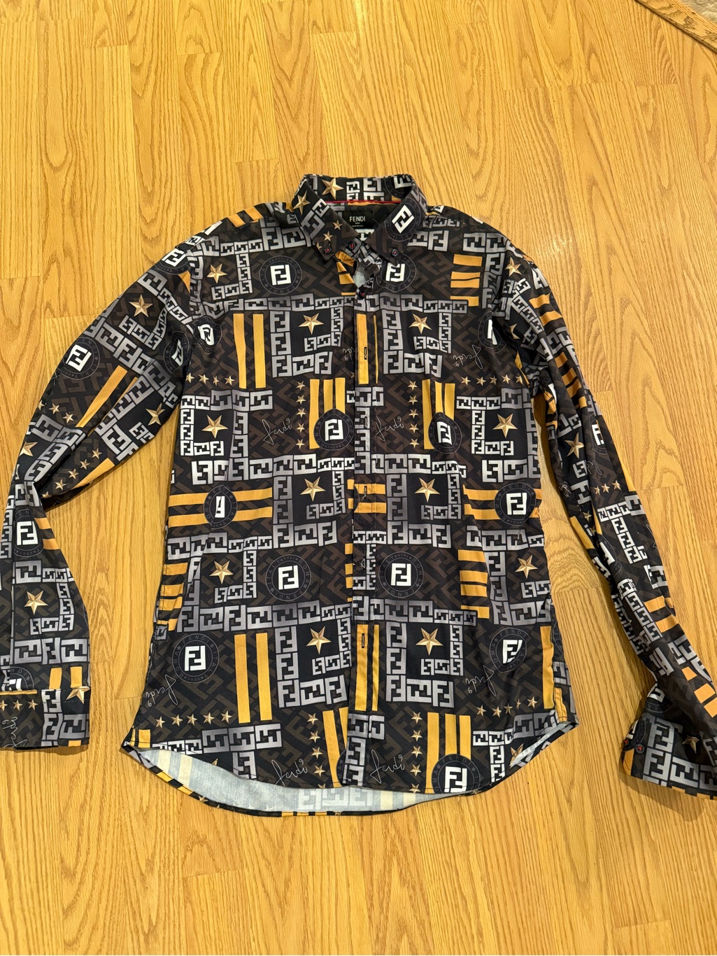 Fendi Black & Gold Allover Logo-Print Long Sleeve Shirt